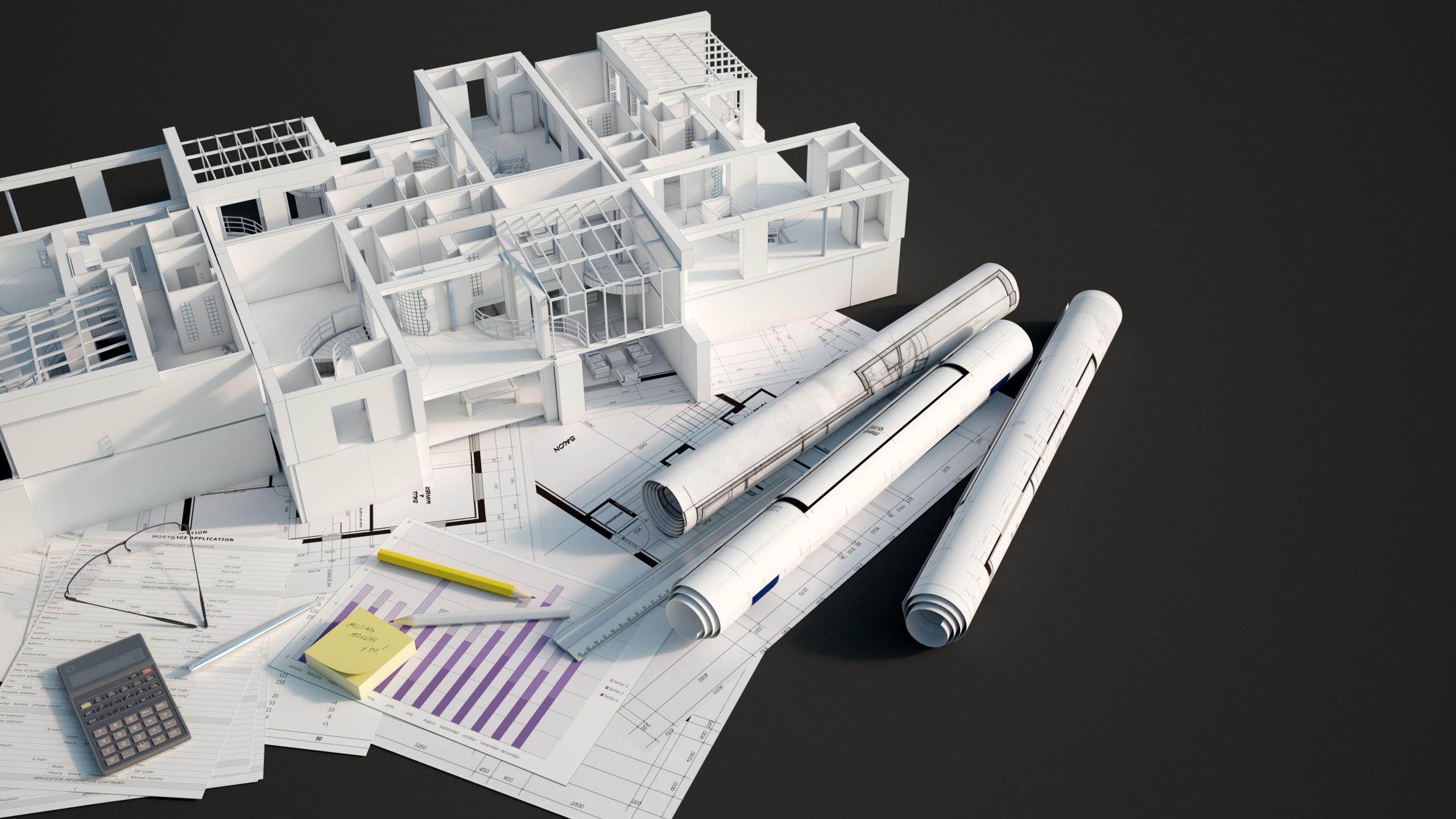 Services 11 3D rendering of a mock up condo building on top of a black surface with mortgage application form, calculator, blueprints, etc..